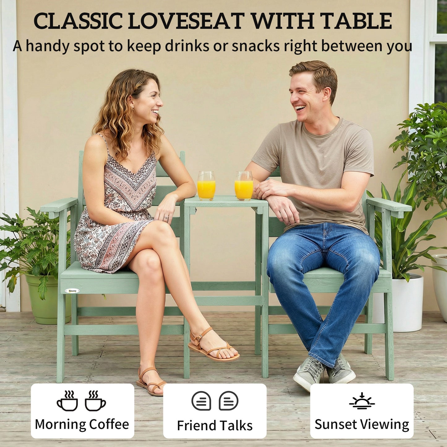 Outdoor Garden Loveseat, Embossed Wooden Jack and Jill Garden Seat with Integrated Table, Green