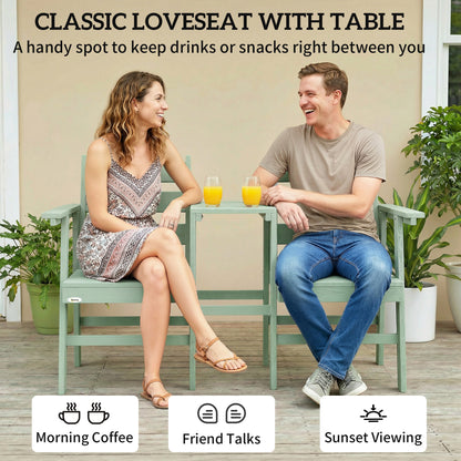Outdoor Garden Loveseat, Embossed Wooden Jack and Jill Garden Seat with Integrated Table, Green
