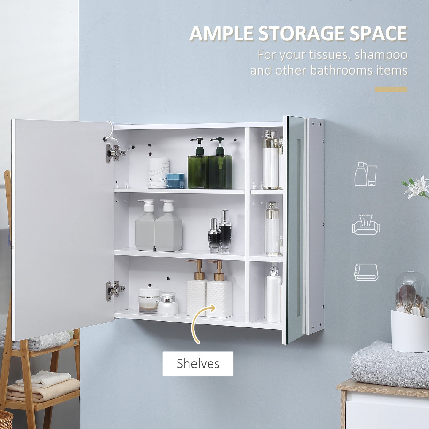Illuminated Bathroom Mirror Cabinet 650 x 700Hmm LED Bathroom Mirror with Lights Touch Switch, Adjustable Shelf, USB Charge