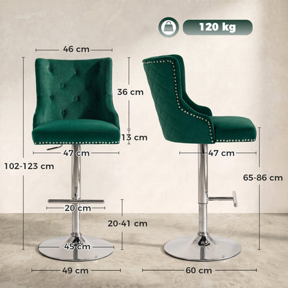 Bar Stools Set of 2, Modern Swivel & Adjustable Velvet Barstools with Button-Tufted Back, Footrest for Home Bar, Green