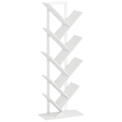 9-Tier Tree Bookshelf, Industrial Free Standing Bookcase with Steel Frame, Display Storage White