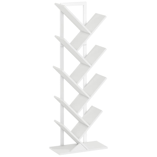 9-Tier Tree Bookshelf, Industrial Free Standing Bookcase with Steel Frame, Display Storage White
