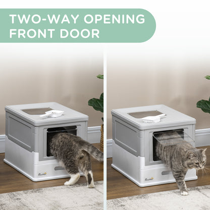 Hooded Cat Litter Box, Portable Pet Toilet, with Scoop, Front Entry - Grey