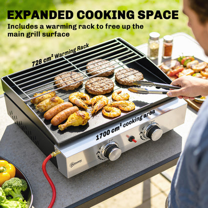 2 Burner Grill Griddle, Portable Gas Plancha with Warming Rack, 5 kW, Tabletop Gas BBQ with Grease Cup, Black