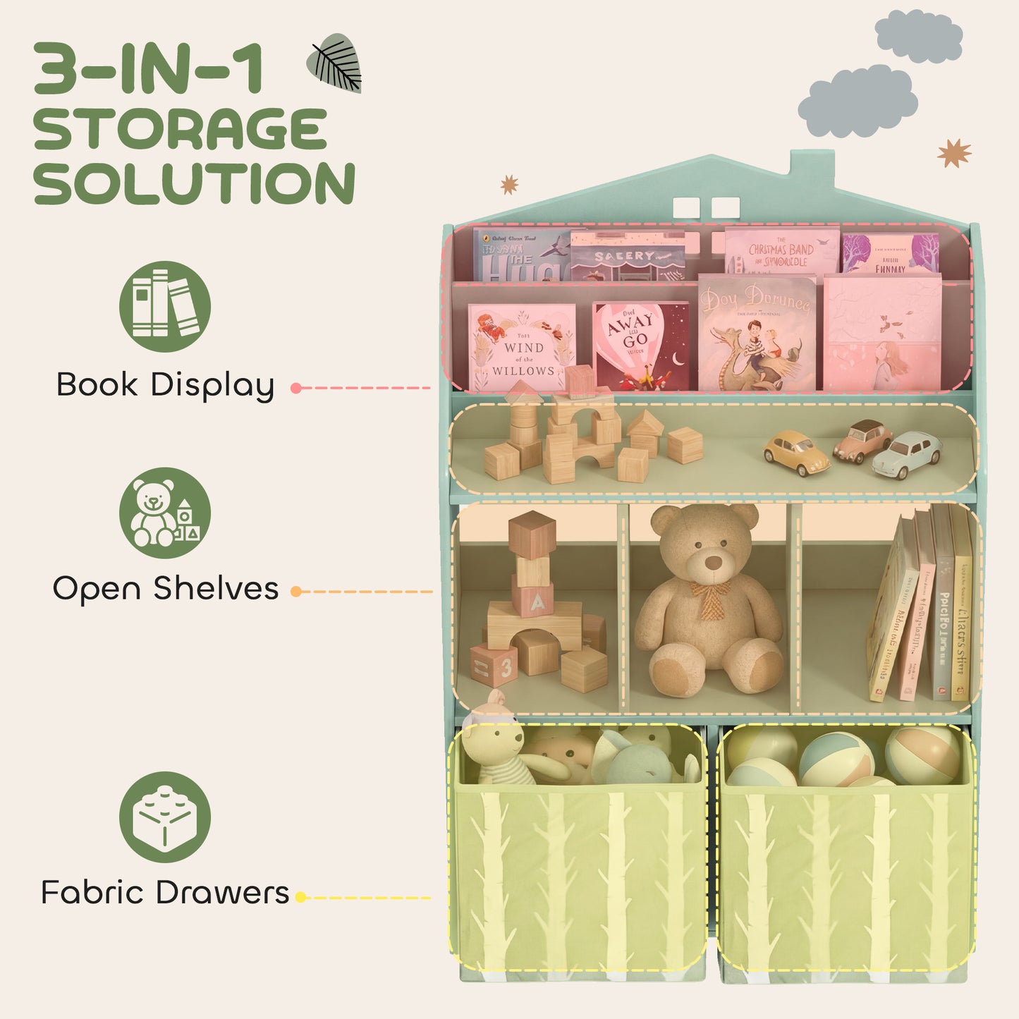Kids Bookshelf with Storage, Toy Storage Unit with Book Display, Shelves and Fabric Drawers for Playroom Nursery, Green