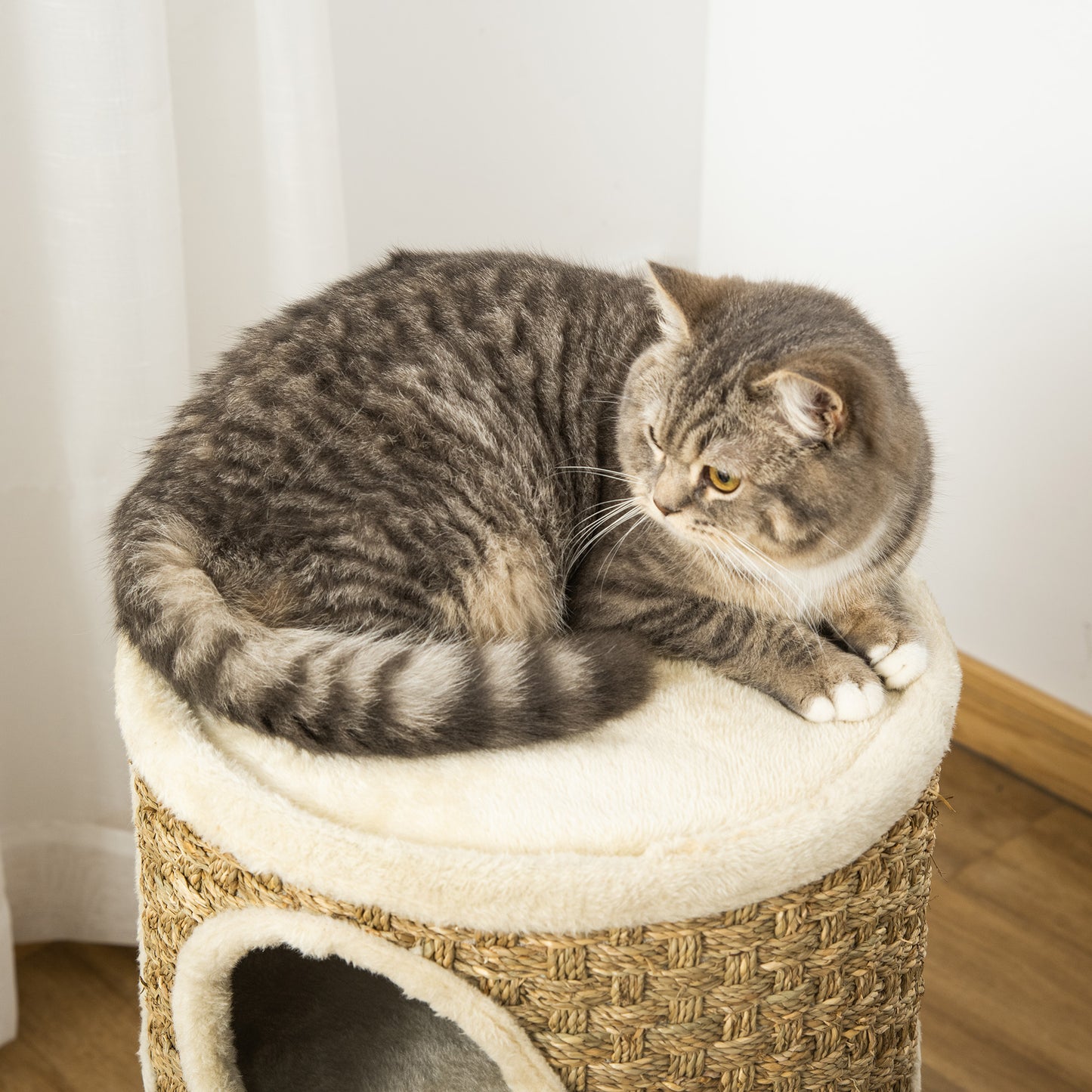 Cat Scratching Barrel Kitten Tree Tower for Indoor Cats Pet Furniture Climbing Frame Covered with Sisal and Seaweed Rope Cozy