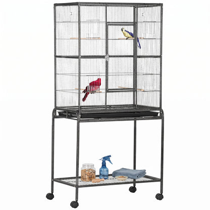 Large Bird Cage Budgie Cage with Stand, Storage Shelf, Wood Perch for Parrot Canary Parakeet Cockatiels, 81 x 48 x 162.5 cm