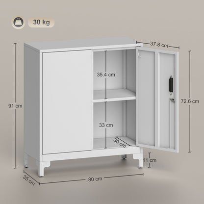 Lockable Metal Filing Cabinet, 2-Tier Storage Cupboard with Double Doors, Modern Office Organiser, White