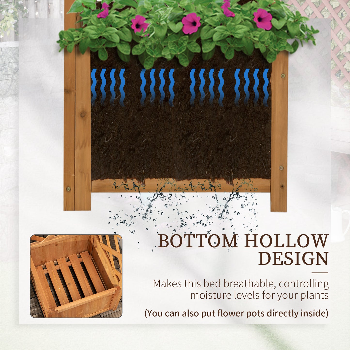 Wooden Planter with Corner Trellis, Freestanding Raised Garden Bed with Drainage Bottom, Outdoor Planter Box, Brown