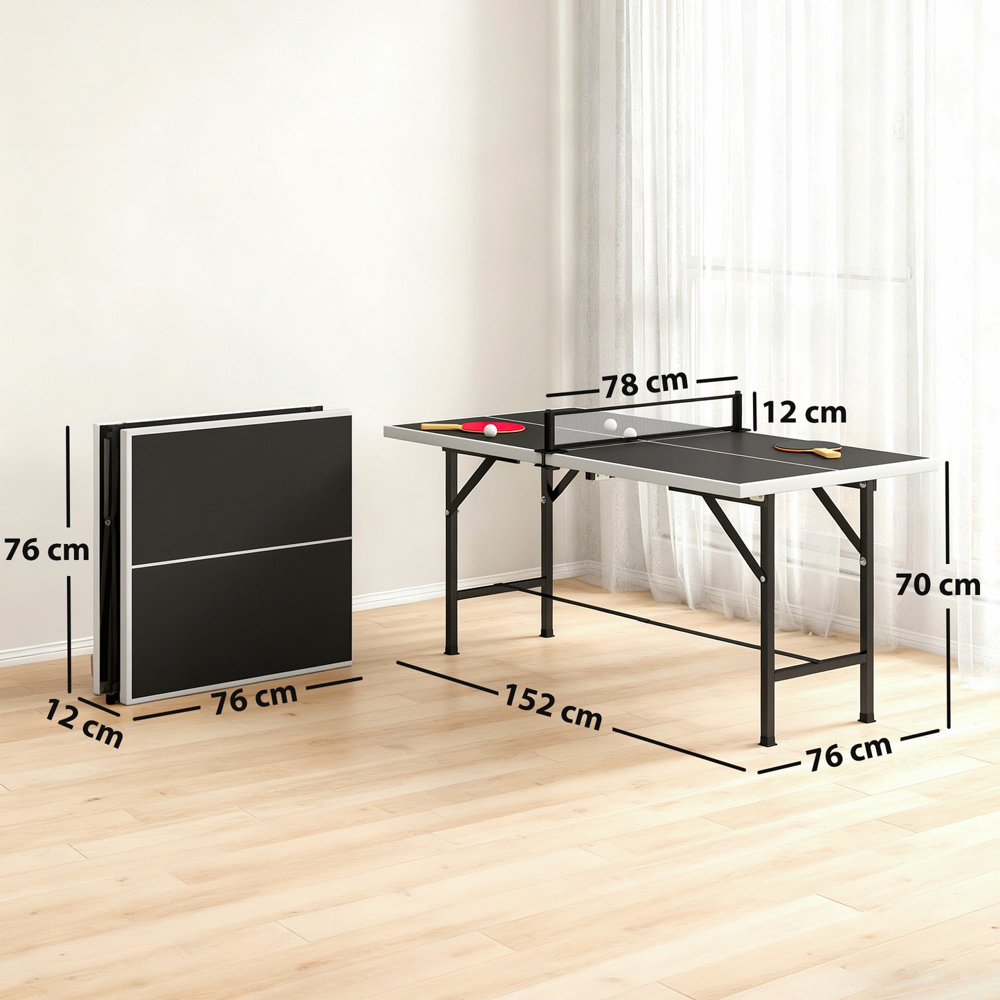 5ft Mid-Size Table Tennis Table, Ping Pong Table with Net, 2 Table Tennis Paddles and 3 Balls for Indoor Game, Black