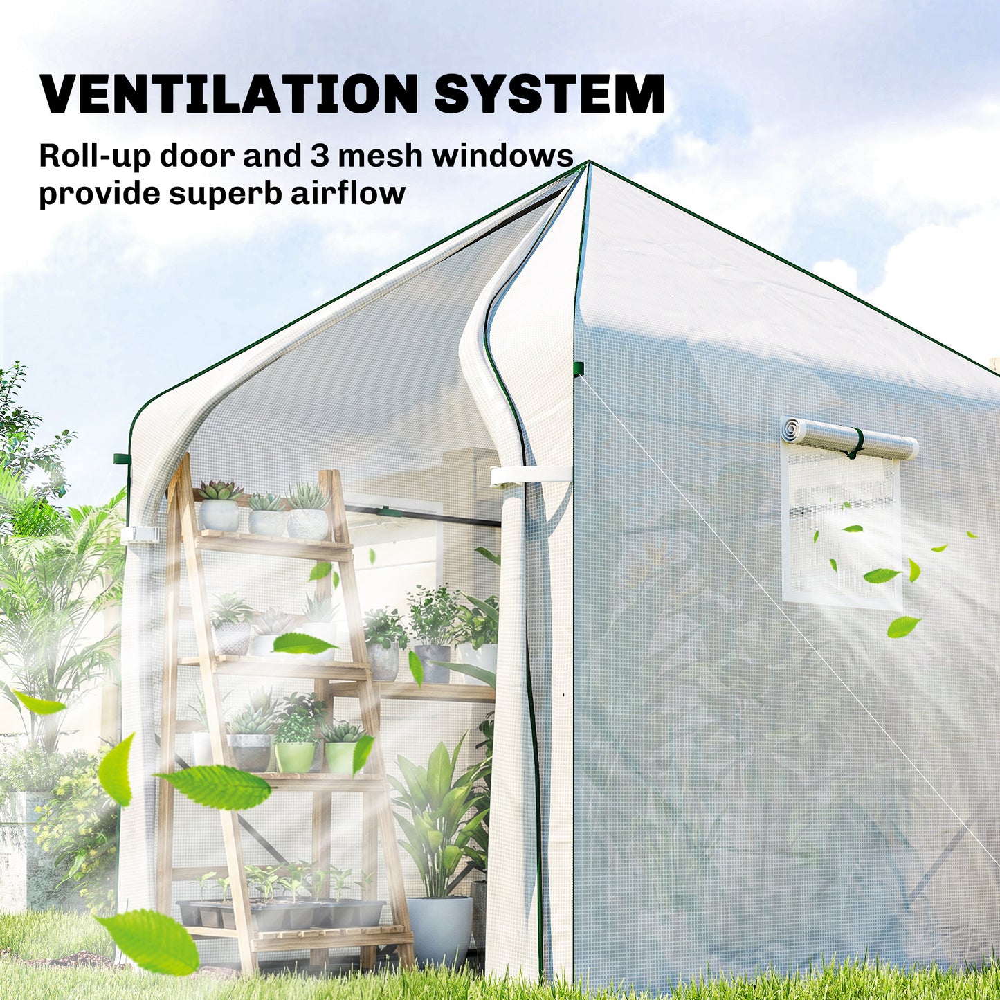 Walk-in Greenhouse for Outdoors with Steel Frame, Large Plant House with Roll-up Door and PE Ground Cover, White