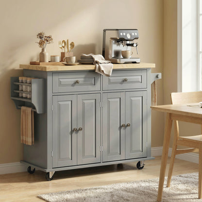 Rolling Kitchen Island Storage Trolley with Rubber Wood Top & Drawers for Dining Room, Grey