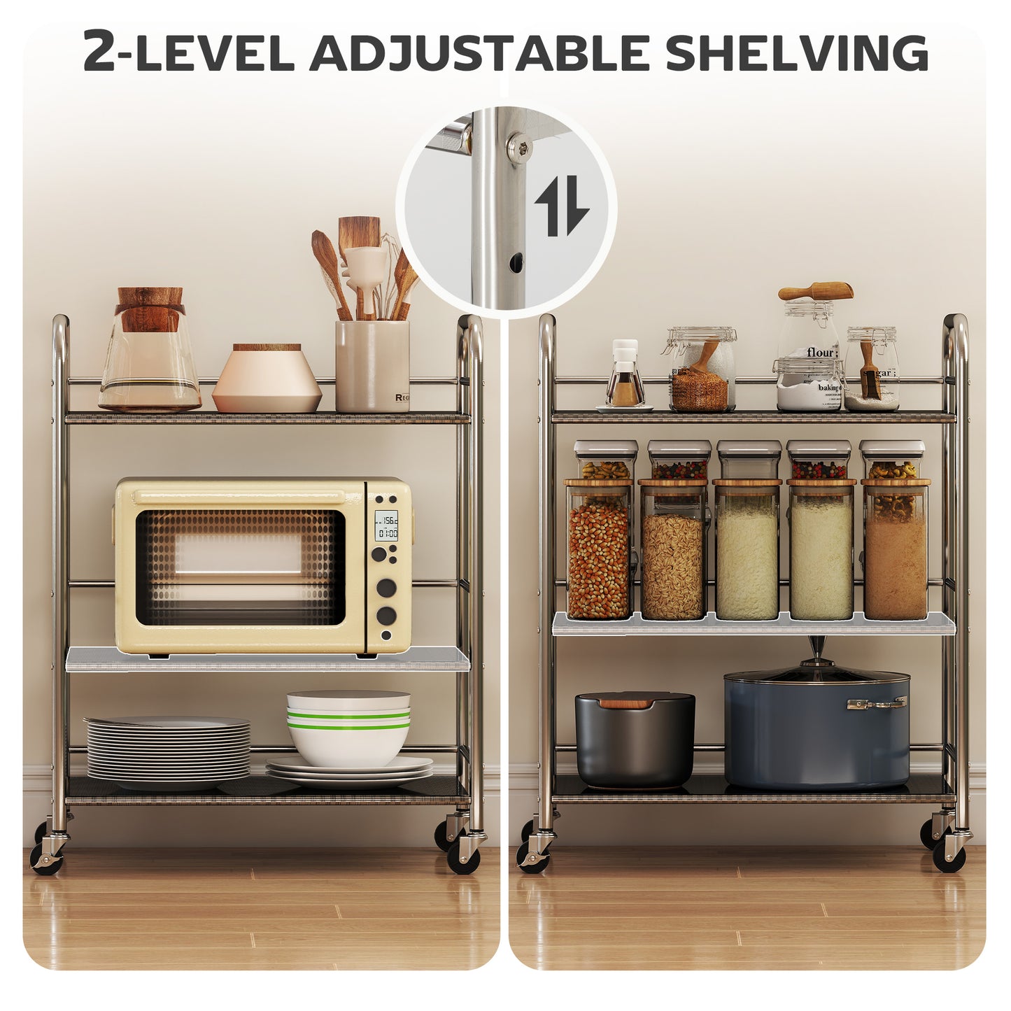 3 Tier Stainless Steel Kitchen Storage Trolley with Adjustable Shelf - Silver