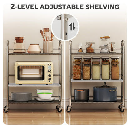 3 Tier Stainless Steel Kitchen Storage Trolley with Adjustable Shelf - Silver