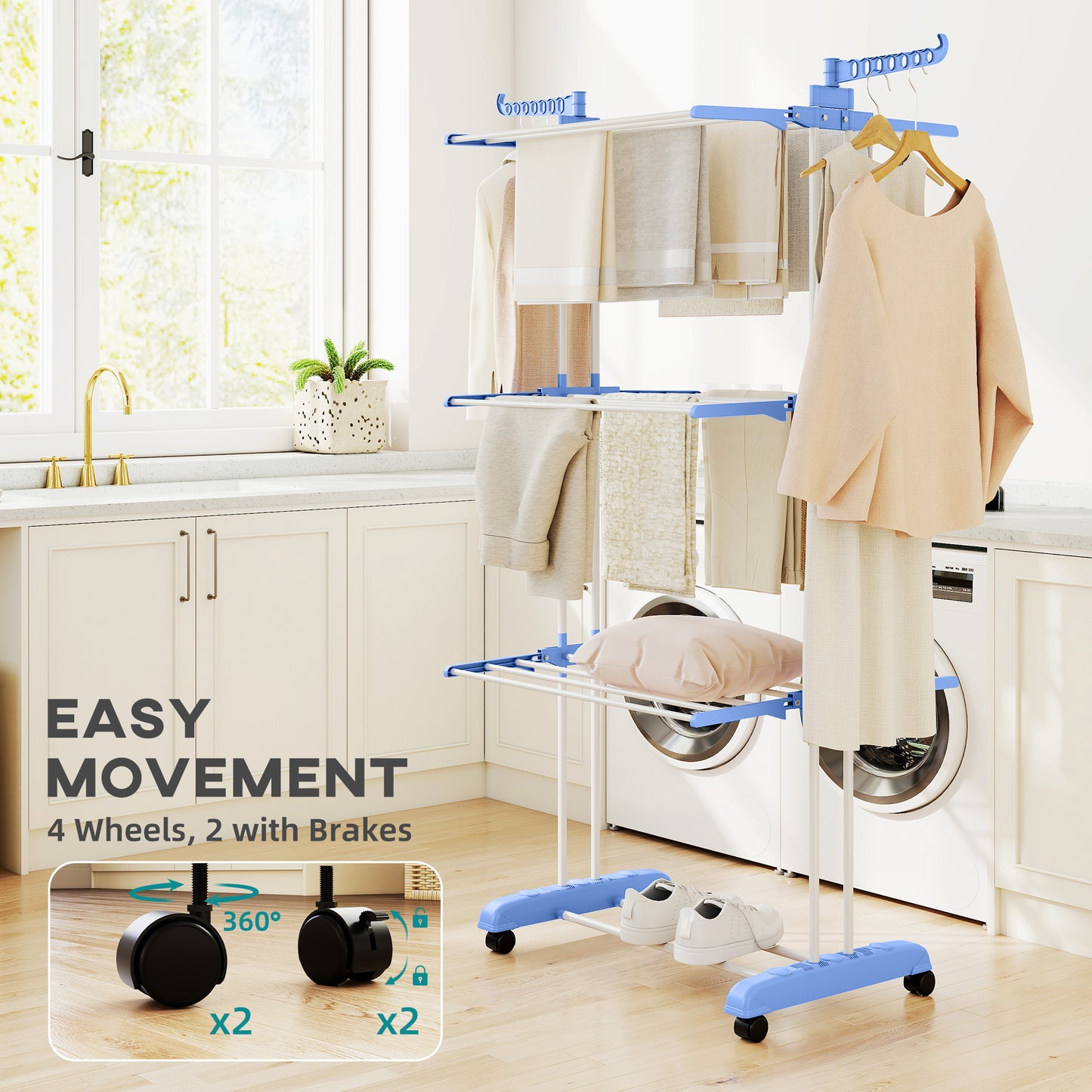 Foldable Clothes Drying Rack, 4-Tier Steel Garment Laundry Rack with Castors for Indoor and Outdoor Use, Blue