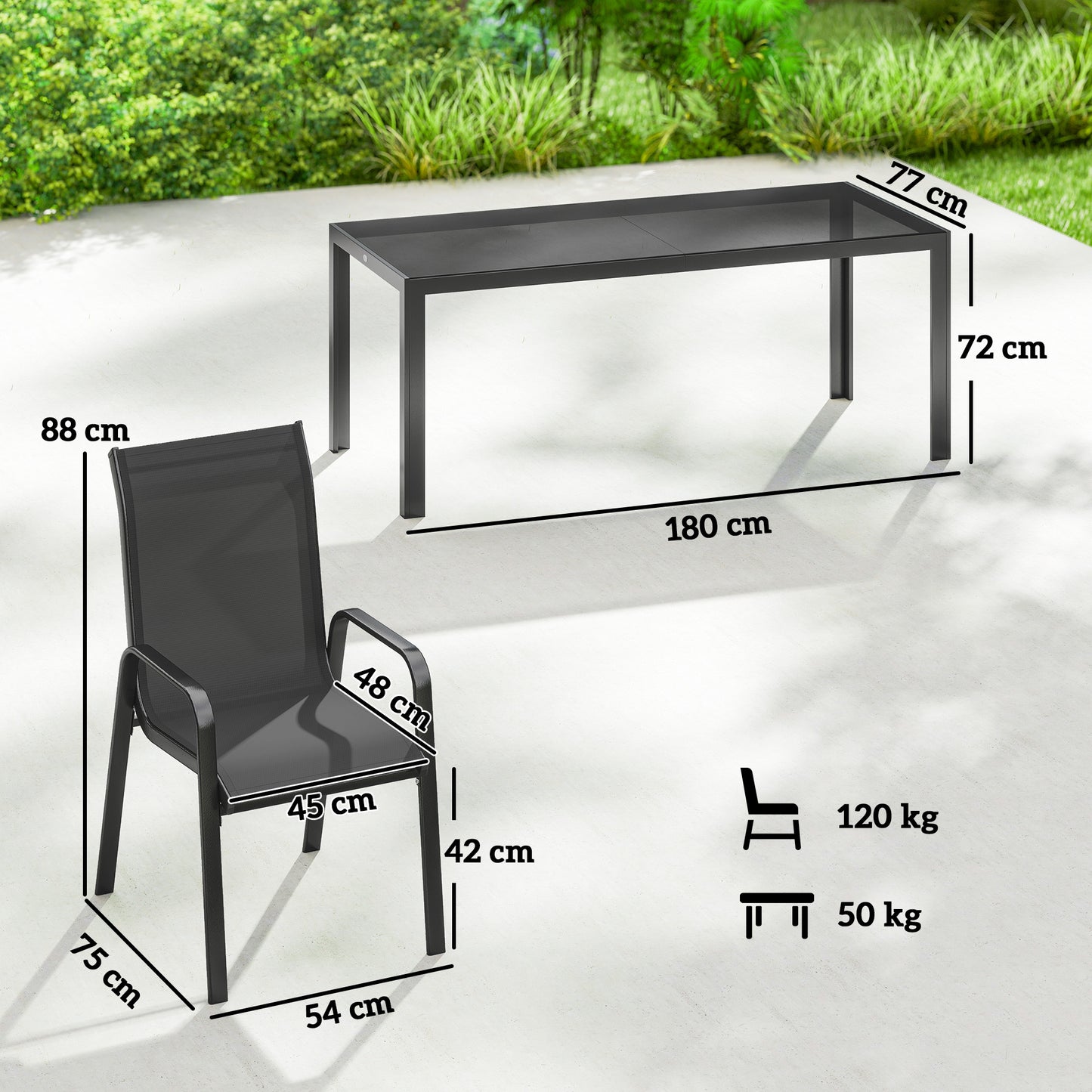 9 Pieces Garden Dining Set, Outdoor Table and Chairs Set for 8, Garden Furniture Set with Tempered Glass Top, Black