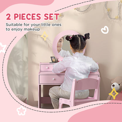 Kids Dressing Table Set Kids Make up Table with Stool and Mirror, Storage Drawers, Gift for Aged 3-8