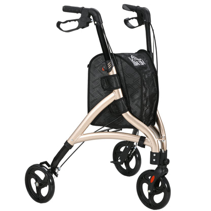 3 Wheel Rollator, Lightweight Aluminium Tri Walker with Adjustable Handle, Storage Bag and Dual Brakes, 5.3kg, Gold Tone