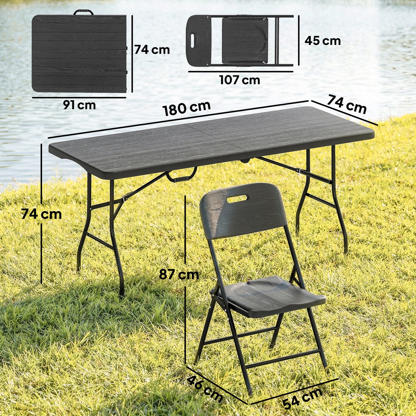 5 Piece 6ft Foldable Table and Chairs, Portable Picnic Table Set with 4 Chairs, Waterproof Top and Steel Frame, Black