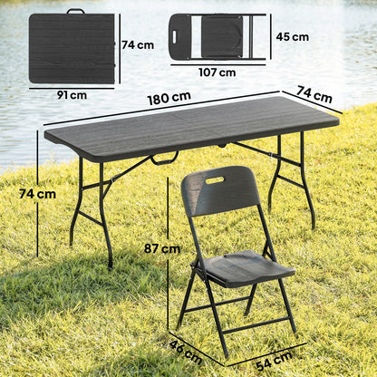 5 Piece 6ft Foldable Table and Chairs, Portable Picnic Table Set with 4 Chairs, Waterproof Top and Steel Frame, Black