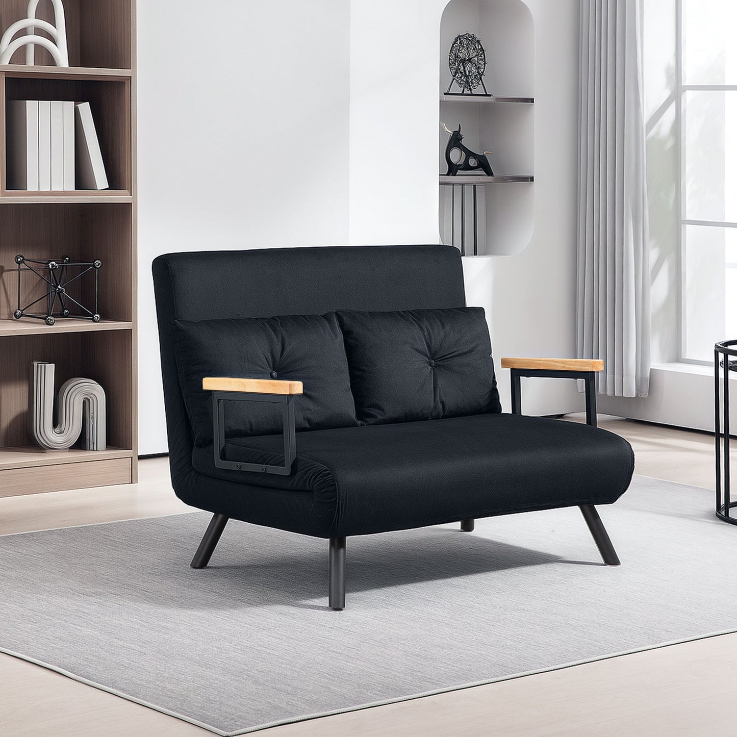 4-in-1 Velvet-Feel Double Sofa Bed, with Pillows - Black