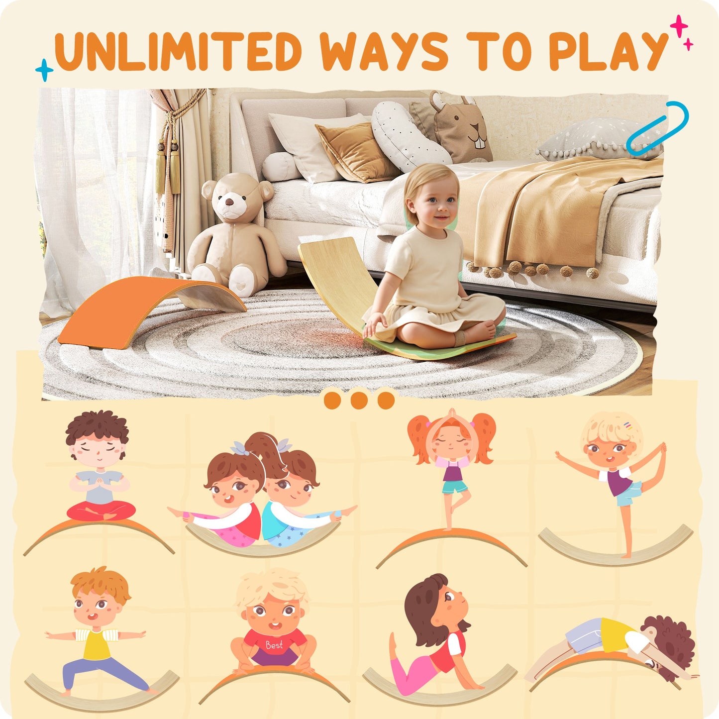 Wooden Balance Board for Kids, Wobble Board with Silent Felt for Sensory Play, Orange