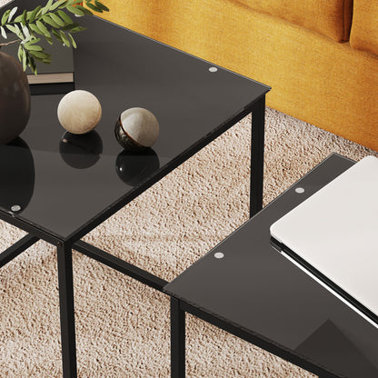 Nest of Tables, Set of 2 Coffee Table, Side Tables with Tempered Glass Desktop and Metal Frame for Living Room, Bedroom