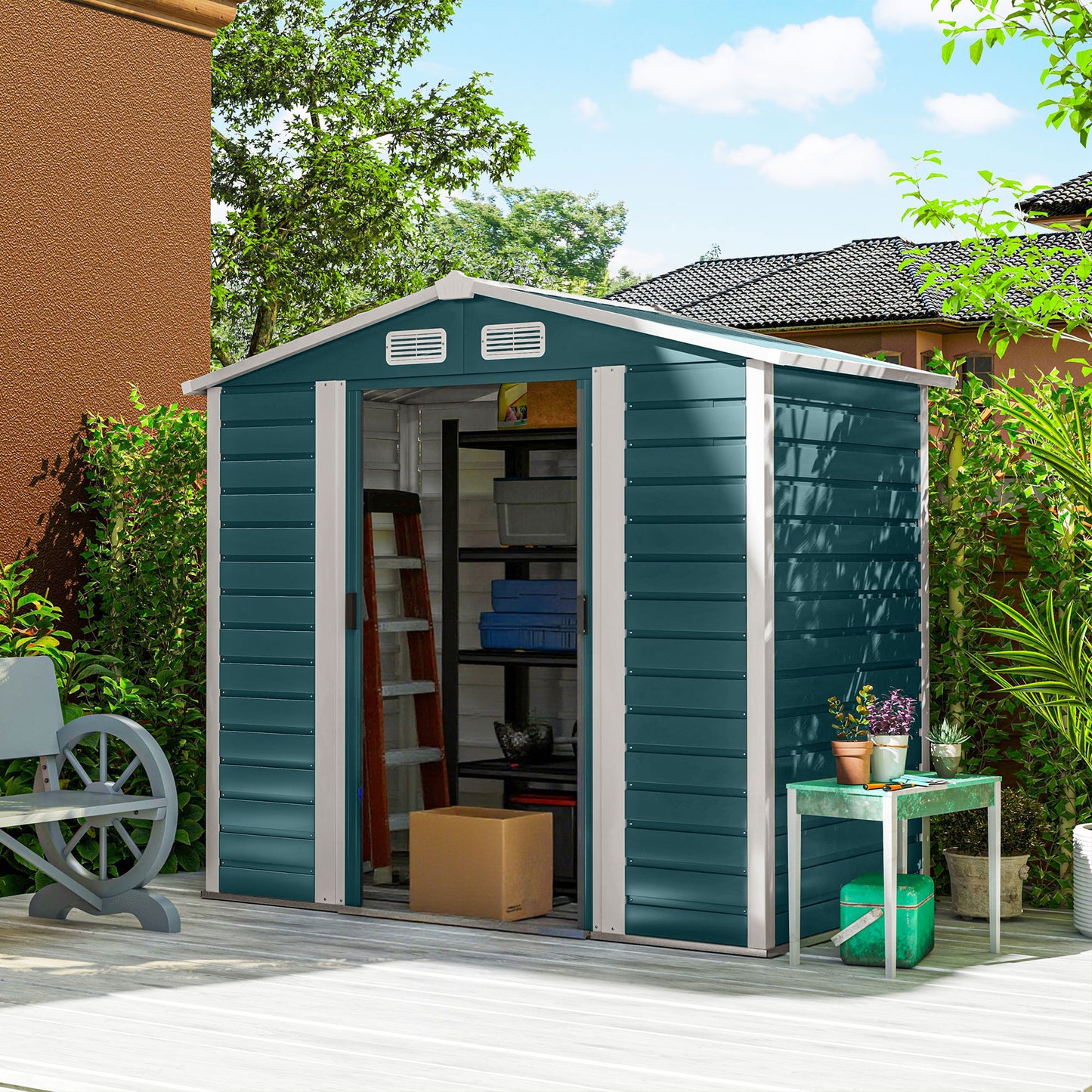 7 x 4ft Garden Shed, Easy to Assemble, Upgraded Galvanised Steel Frame with Foundation Kit, Double Doors with Lock