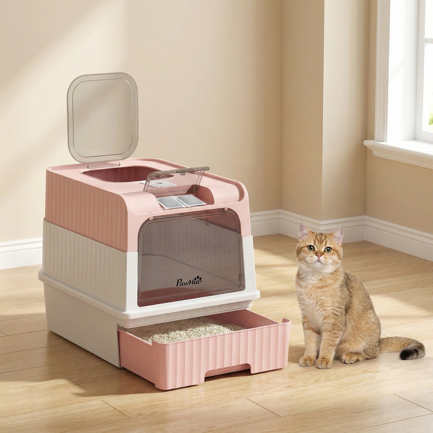 Enclosed Cat Litter Box with Lid, Pull-Out Drawer Tray, Scoop, 4 Deodorisation Bags, Front Entry & Top Exit, Pink