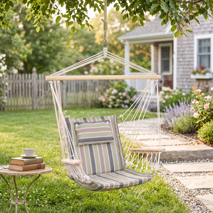 Garden Outdoor Hanging Hammock Chair Thick Rope Frame Wooden Arms Safe Garden Outdoor Spot Stylish Multicoloured stripes