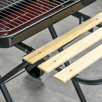 Charcoal Trolley BBQ Barbecue Grill Patio Camping Picnic Garden Party Outdoor Cooking with Windshield and Wheels Side Trays