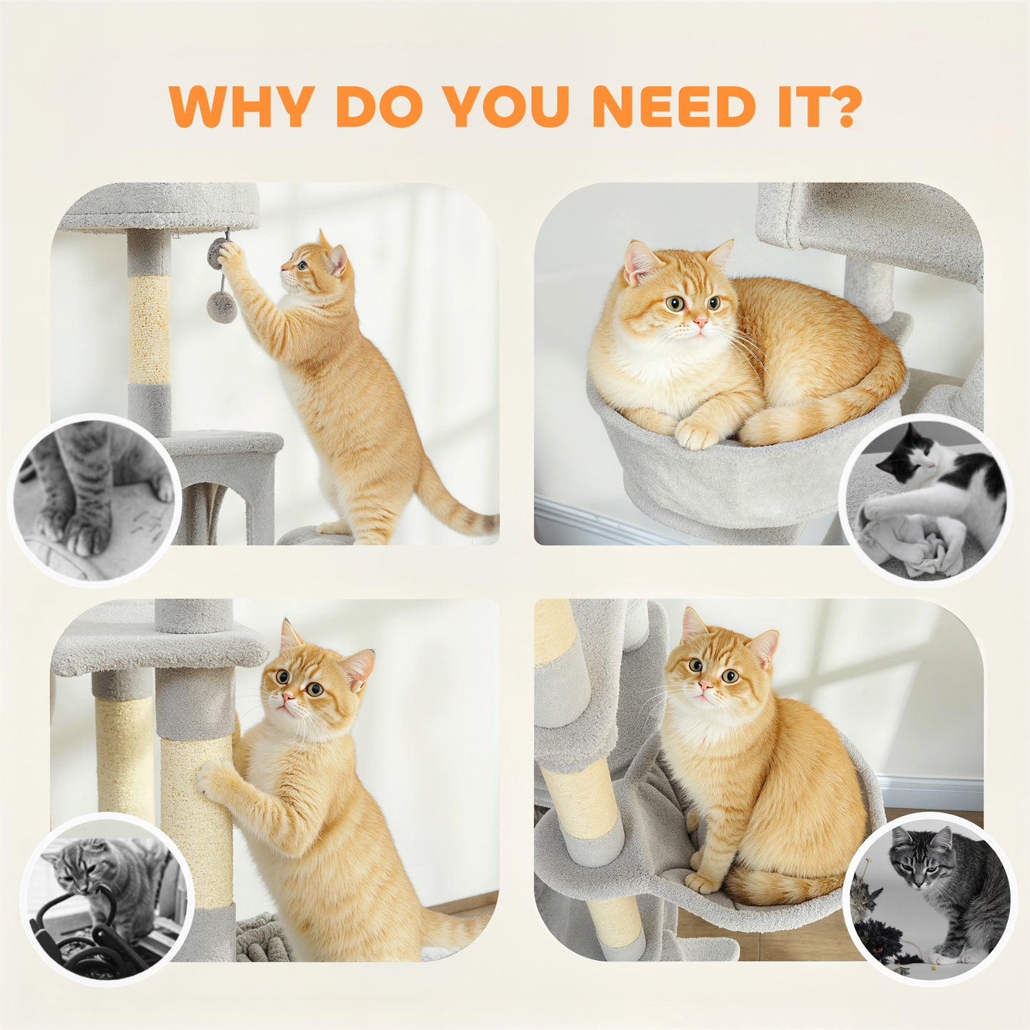 Cat Tree, 192 cm Large Multi-Level Cat Tower for Indoor Kittens with 8 Scratching Posts, 3 Plush Beds, 2 Hammocks