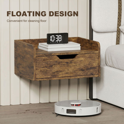 Floating Nightstands Set of 2, Wall Mounted Bedside Table with Drawer for Bedroom, Rustic Brown