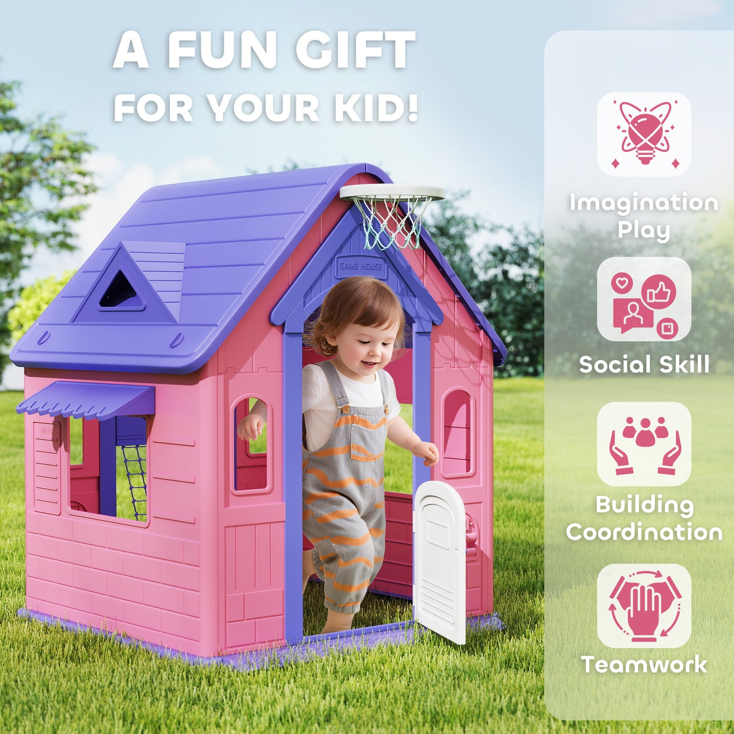 5-in-1 Playhouse for Kids Outdoor Indoor with Basketball Hoop, Football Goal, Dartboard, Ring Toss for 2-5 Years, Pink