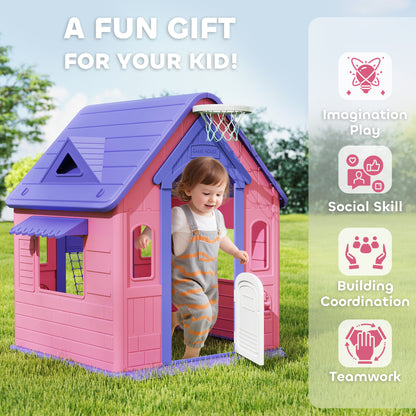 5-in-1 Playhouse for Kids Outdoor Indoor with Basketball Hoop, Football Goal, Dartboard, Ring Toss for 2-5 Years, Pink