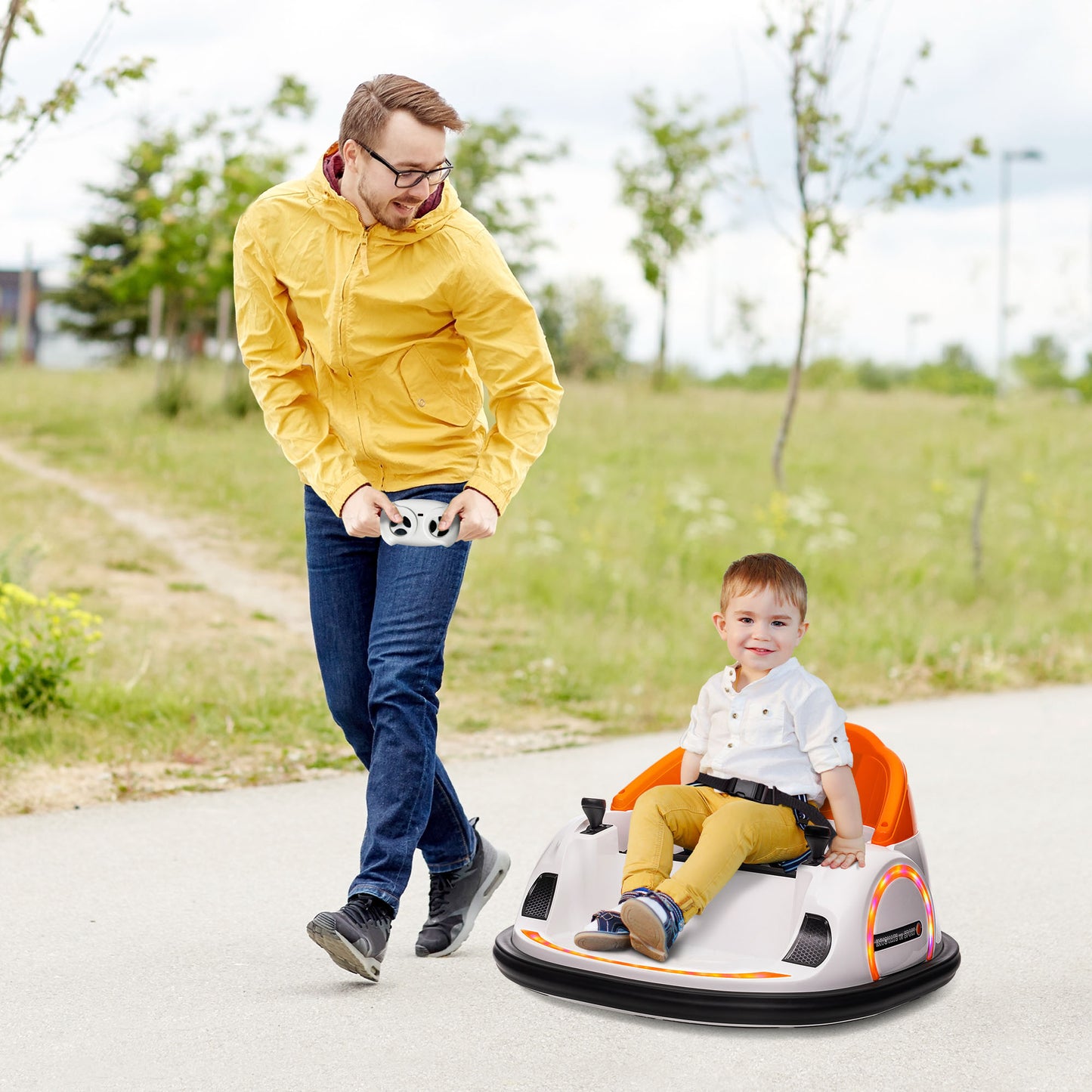 360° Rotation Kids Bumper Car, 12V Waltzer Car with Remote Control, Dual Joysticks, Music Lights, Orange
