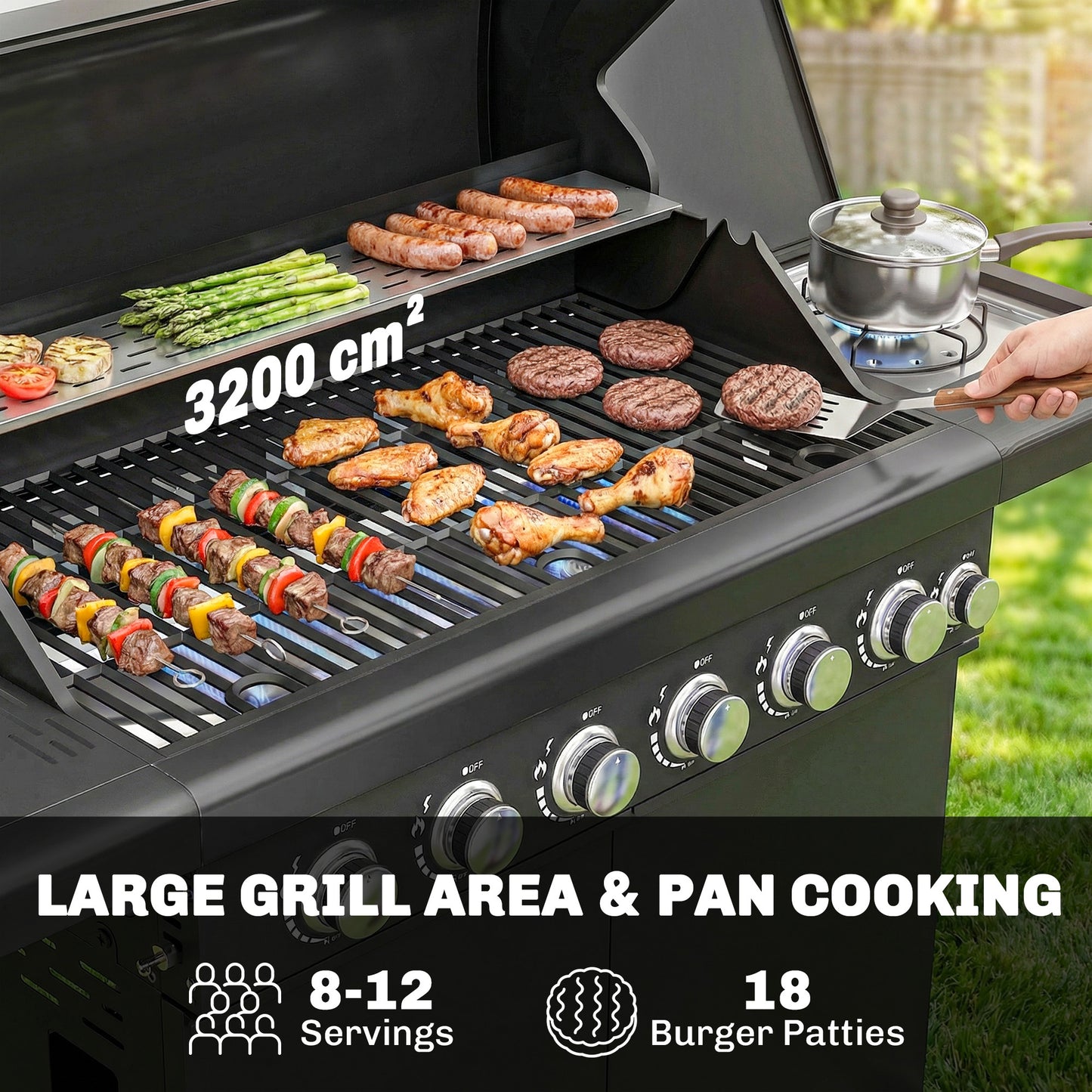 6+1 Burner Gas BBQ Grill, Outdoor Barbecue Trolley with Wheels, Warming Rack, Thermometer, Bottle Opener, Black