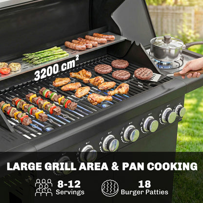 6+1 Burner Gas BBQ Grill, Outdoor Barbecue Trolley with Wheels, Warming Rack, Thermometer, Bottle Opener, Black