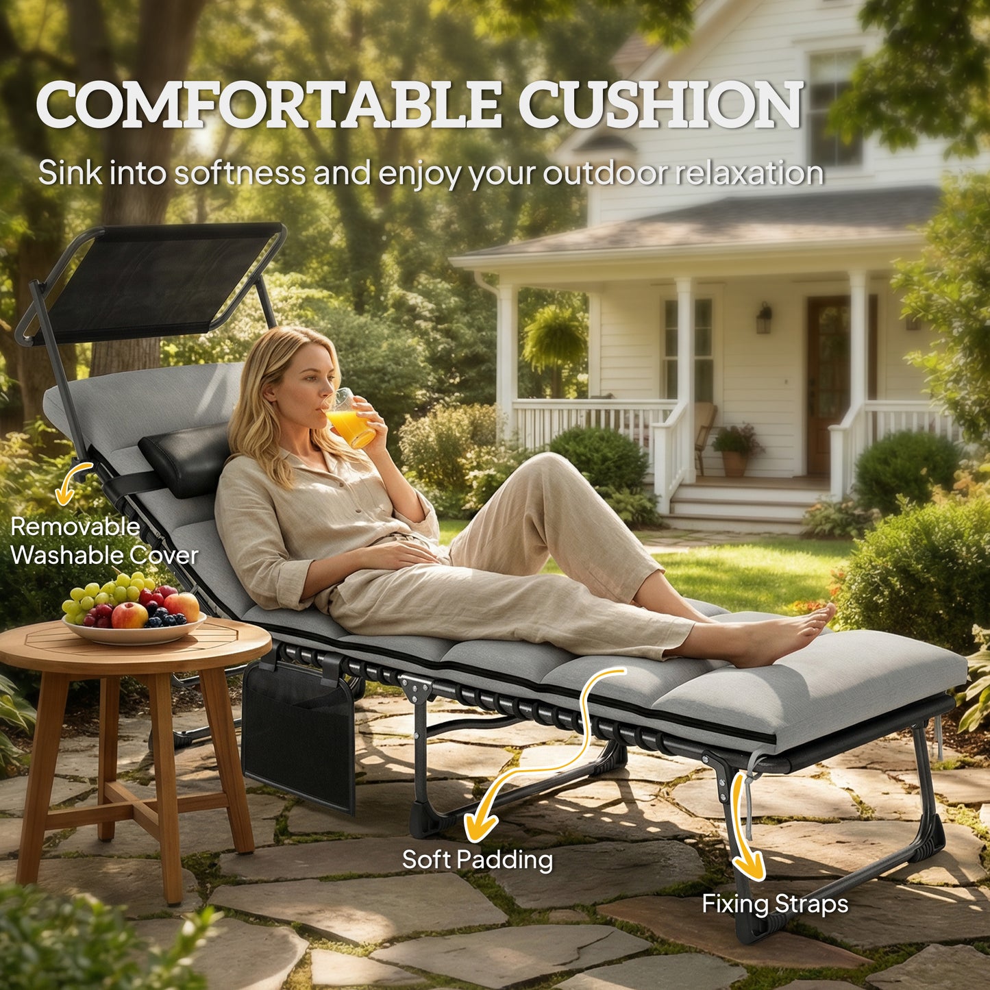 Folding Sun Lounger with Canopy, Reclining Sunbed with Cushion, Side Pocket, Carrying Handle, Light Grey