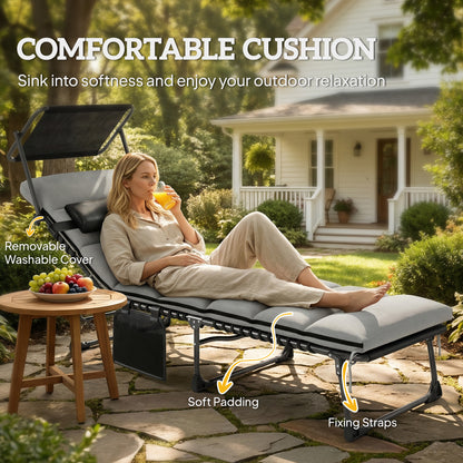 Folding Sun Lounger with Canopy, Reclining Sunbed with Cushion, Side Pocket, Carrying Handle, Light Grey