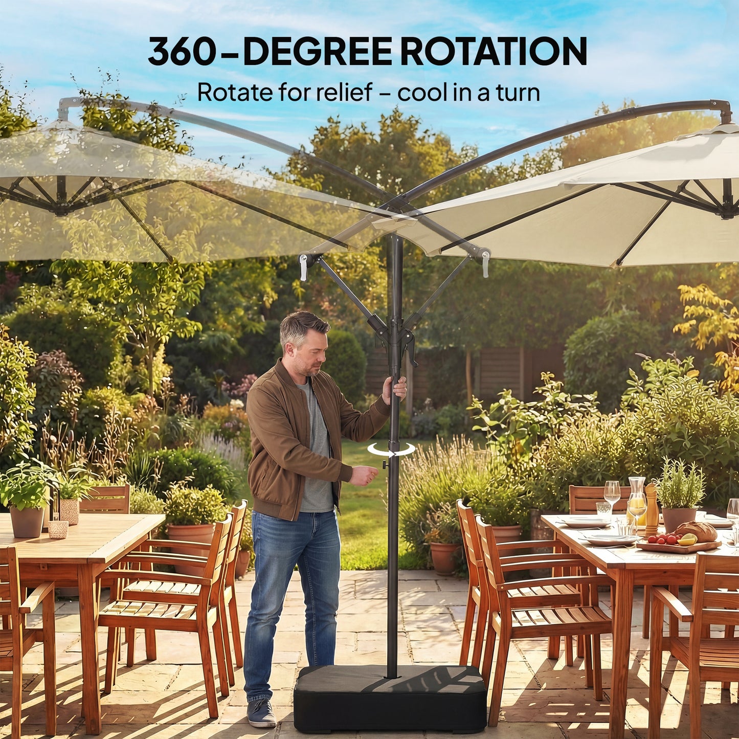 3 m Garden Cantilever Parasol with Cross Base, Sandbag, 360° Rotating Overhanging Banana Umbrella, Beige
