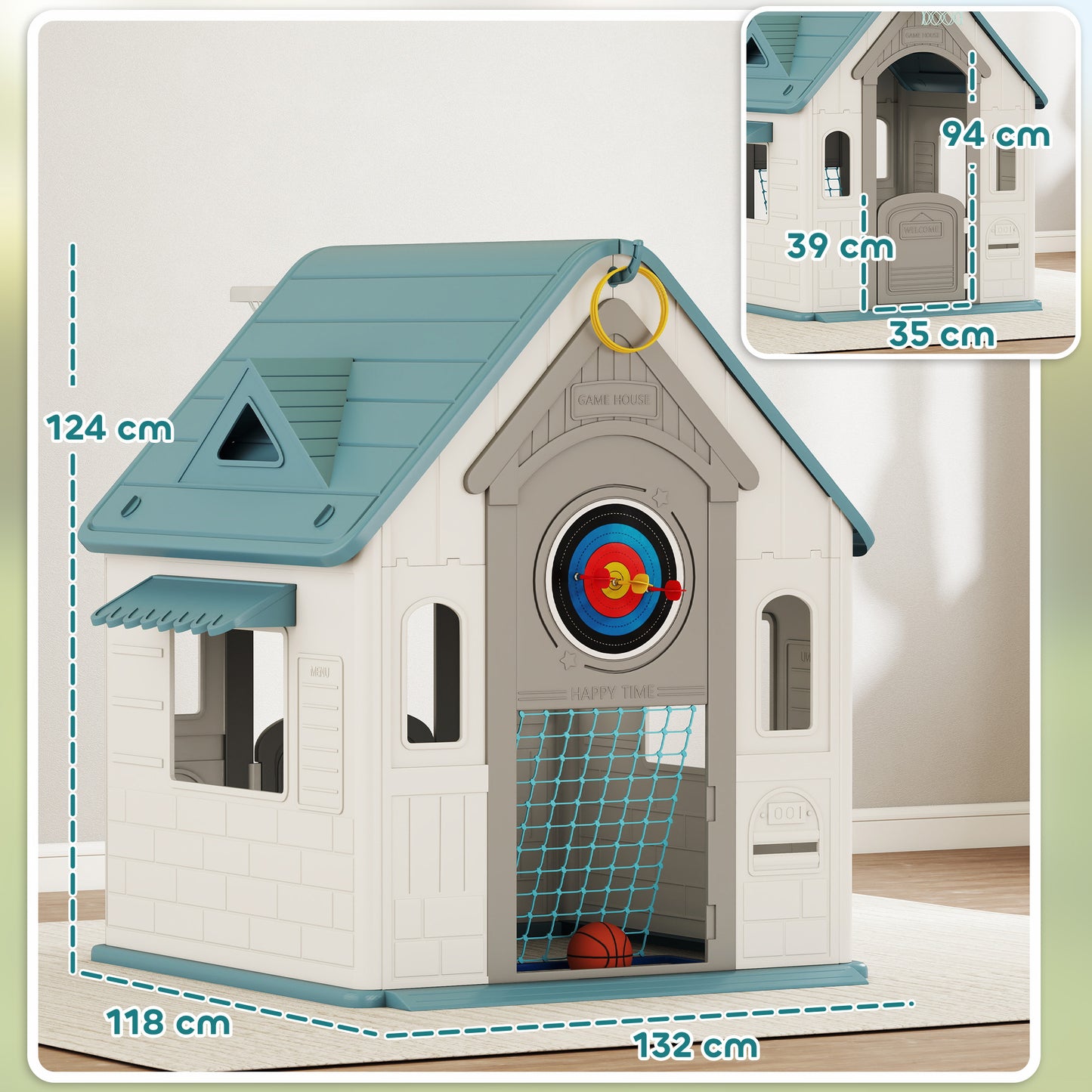 5-in-1 Playhouse for Kids Outdoor Indoor with Basketball Hoop, Football Goal, Dartboard, Ring Toss for 2-5 Years, Beige