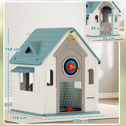 5-in-1 Playhouse for Kids Outdoor Indoor with Basketball Hoop, Football Goal, Dartboard, Ring Toss for 2-5 Years, Beige