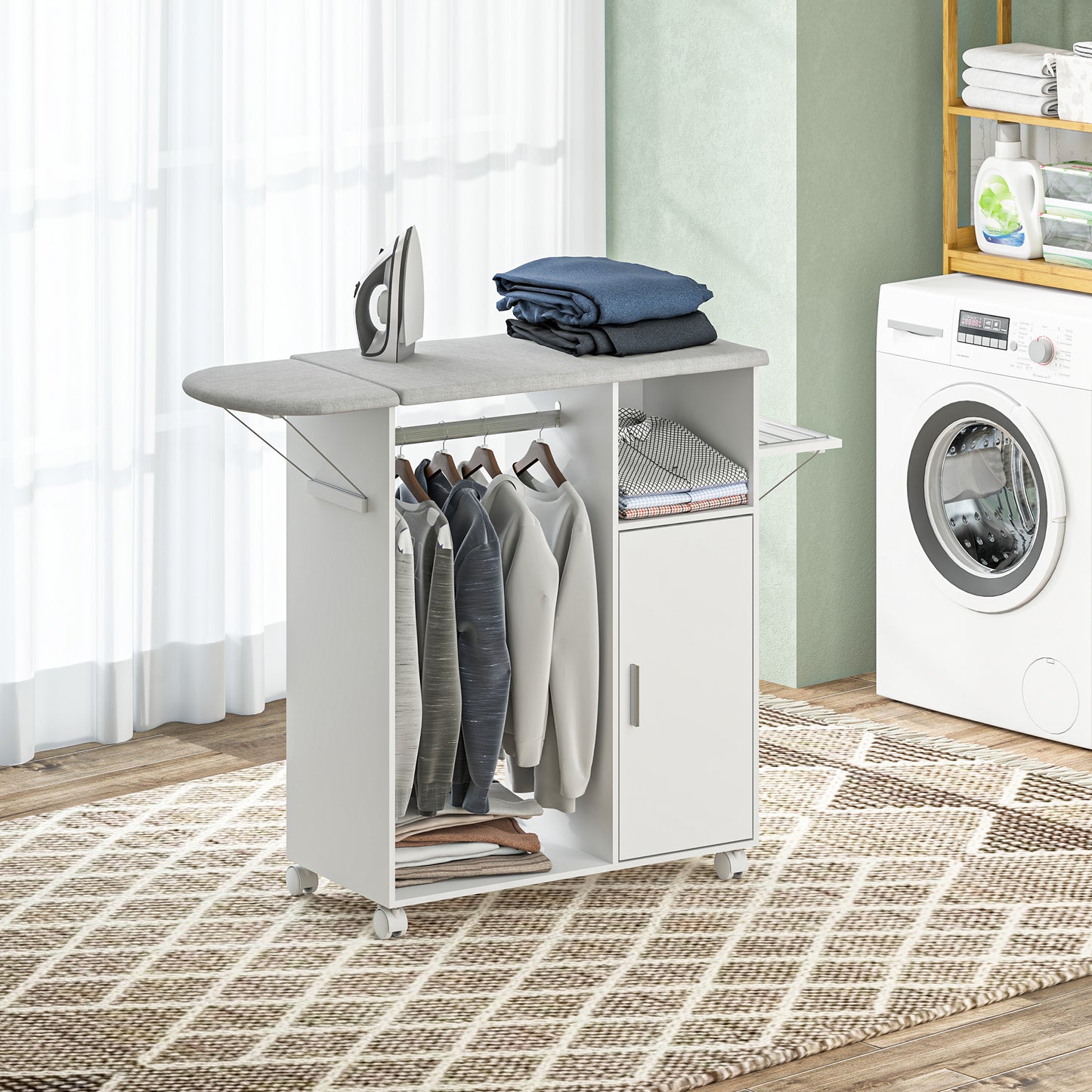 Rolling Ironing Board Cabinet, Foldable Ironing Station with Storage, Wheels for Home, Laundry Room, White