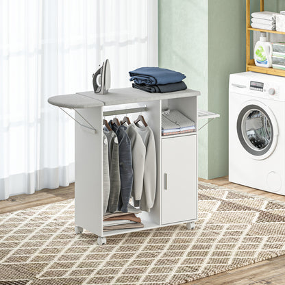 Rolling Ironing Board Cabinet, Foldable Ironing Station with Storage, Wheels for Home, Laundry Room, White