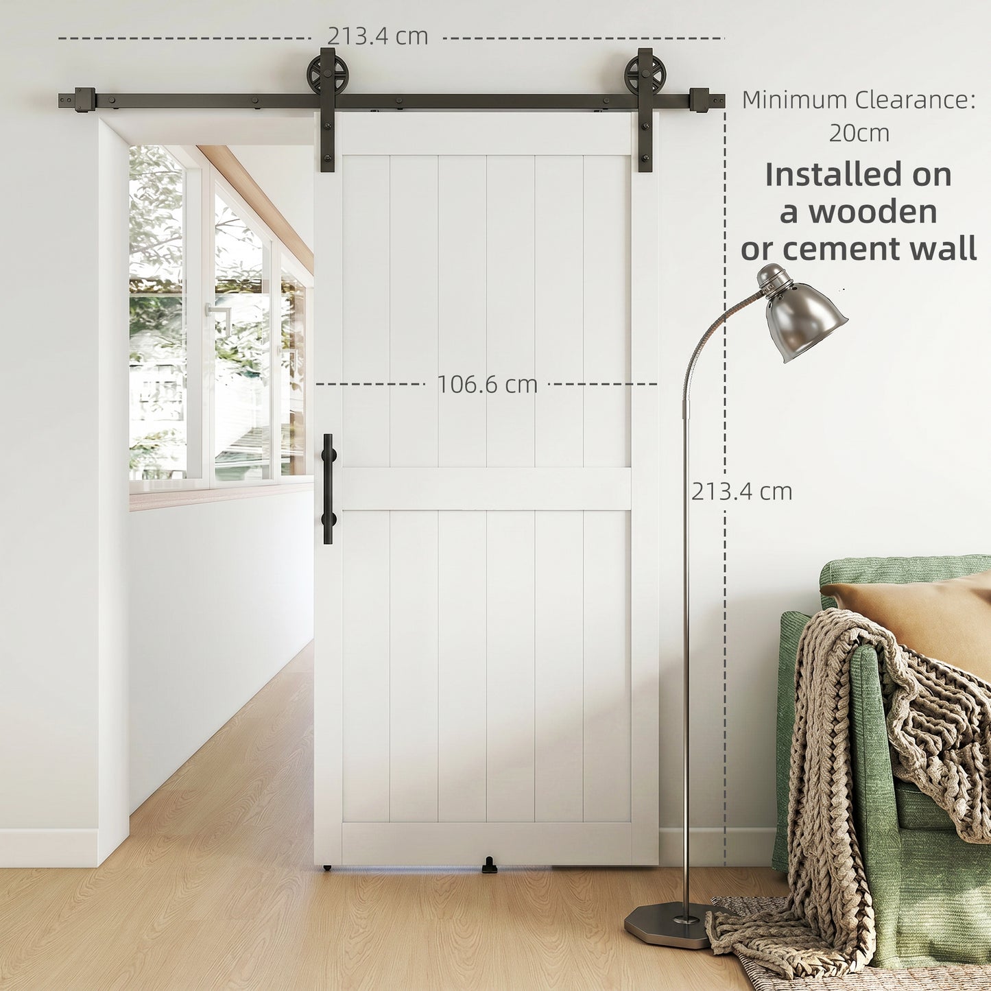213.4cm Sliding Barn Door Kit, Sliding Door with Track, Hardware, Upgraded Rollers and Floor Guide, Handle, White