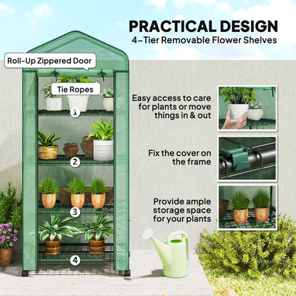 4 Tier Mini Portable Greenhouse Compact Plant Grow Shed Metal Frame PE Cover with Lockable Rolling Wheels , Green