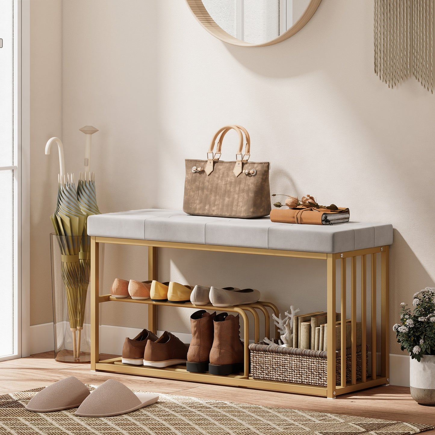 Bench and Shoe Storage, Tufted Shoe Storage Bench with Velvet Seat Cushion Gold Steel Frame for Entryway, Grey