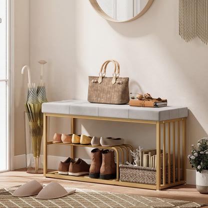 Bench and Shoe Storage, Tufted Shoe Storage Bench with Velvet Seat Cushion Gold Steel Frame for Entryway, Grey