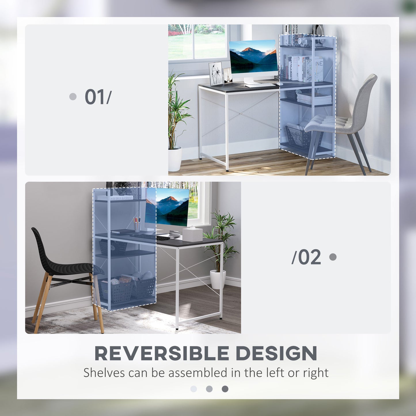Computer Desk with Storage Shelves on Left or Right, Industrial Reversible Writing Desk for Home Office, Study